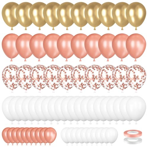70 Stück Luftballons Roségold, Gold, Weiß - Konfetti Helium Ballons Latex für Geburtstag, Hochzeit, Babyparty Deko