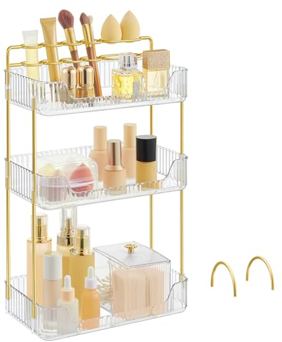 SONGMICS Makeup Organiser, 2 Types of Accessories, 3-Tier Skincare Organiser, Rectangular, Customisable, Jewellery Holder, for Vanity, Gift, Transparent JKA013W01