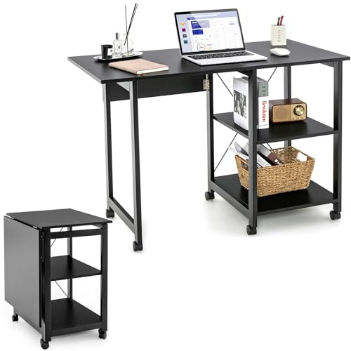 COSTWAY Fällbart datorbord, modernt skrivbord med 2-stegs förvaringsfack och 6 hjul, PC-bord, laptopbord, arbetsbord för hemmet, hemmakontor (svart)