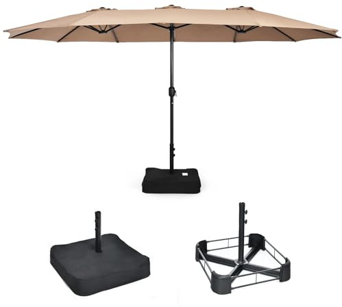 KOMFOTTEU Sombrilla Doble 451,5x264cm, Sombrilla de Jardín con Manivela y Base, Parasol Grande Rectangular con Altura 243 cm, Sombrilla con Protección UV para Patio, Terraza, Piscina (Marrón)