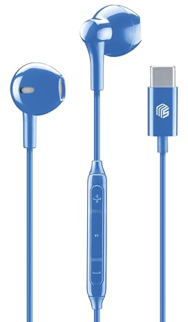 Music Sound - Auricolari Capsula - Auricolari con Filo e Microfono - Compatibilità USB-C - Dettagli metallici - Colore Blu
