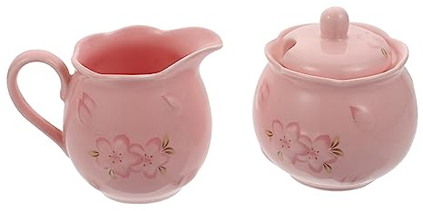 TOPBATHY Ceramic Embossed Sugar Jar with Lid and Milk Storage Pot Set, Pink Coffee Storage Container for Tea and Dining, 2pcs Ceramic Coffee Serving Set