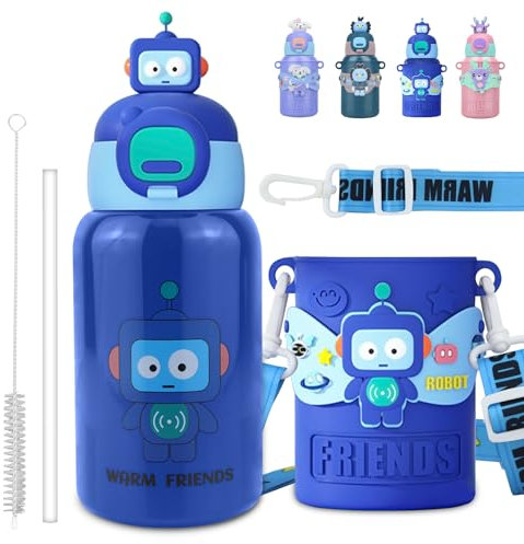 BOCHION Trinkflasche Kinder 450ml, Trinkflasche Edelstahl Auslaufsicher mit Strohhalm und Nylonschnur, Thermoskanne BPA-frei Leicht zu Reinigen, für Kindergarten Schule Sport (Blau)