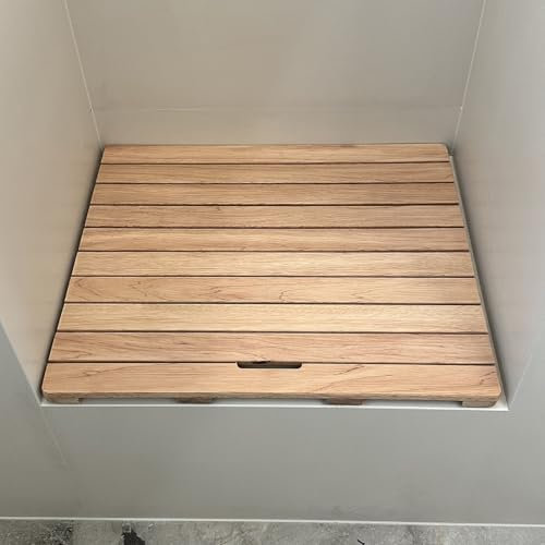 Vibeo Badematte Holz Schnell Trocknende Sitzmatte aus Holz für Spa und Sauna, Rutschfestes Duschbrett für Camping, Bequemer Stand, Abflussgitter aus Holz, Leicht zu Reinigen(14x20in(35.6x50.8cm))