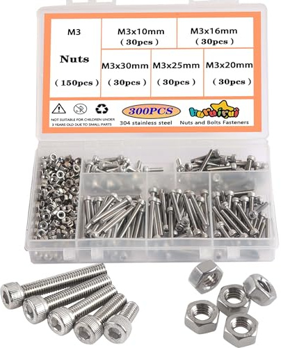 huruirui M3 Schrauben Set 304 Edelstahl Schrauben und Muttern Set - Rostfrei Maschinenschrauben Sortiment Kit Zylinderschrauben Innensechskant Schraubens Für 3D modell Projekt 300pcs