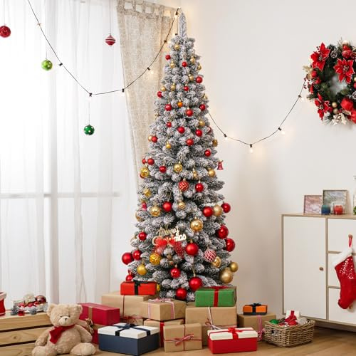 COSTWAY Sapin de Noël Artificiel 180 cm, Sapin de Noël Floqué de Neige avec 460 Branches, Support en Métal Pliable, Forme Fine, Décoration Saisonnière pour Petits Espaces, Maison, Bureau