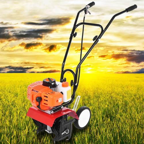 joukares Motoculteur à essence 52 cm³, 2 temps, mini caoutchouc avec profondeur de travail de 3 à 10 cm, largeur de travail de 30 cm, fraise à sol légère avec poignée ergonomique orange