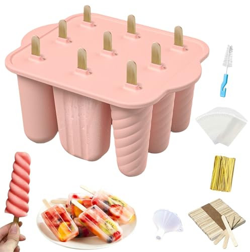 MARUKO Ice Lolly Moulds, Silicone Popsicle Molds, 9 Cavities Ice Cream Moulds with 50 Sticks, 50 Bags, 50 Tie Wraps, Brush and Funnel (Pink)