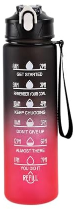 Xingdianfu Trinkflasche, 800ml Wasserflasche mit Strohhalm, Trinkflasche Sport Auslaufsicher mit Zeitmarkierung, Sportflasche für Fitness, Schule, Yoga, Outdoor (Schwarz-Rot)