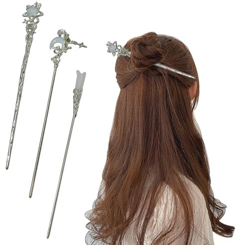 BRDXOOL 3-teiliges Set Damen Haarnadeln Elegante Sterne und Mond Haarschmuck Langes Haar Einfache Lockenstäbe Retro Metall Silber Haardesign Mädchen und Frauen Geschenke (Schwarze Geschenkbox)