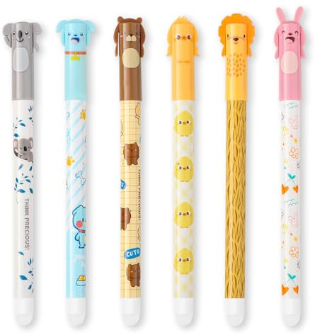 Thboxes 6 Stück Radierbarer Kugelschreiber, 0,5mm Gelstifte Radierbar Tintenroller Radierstift mit Schwarzer und Blauer Tinte Radierbare Stifte Tiere Erasable Pen für Schulsachen Bürobedarf