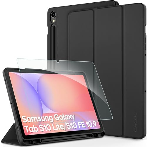 CACOE Hülle für Samsung Galaxy Tab S10 Lite/S10 FE/S9 FE 10.9/S9 11 | Ultra Dünn PU Leder Hülle mit Schutzfolie case und S Pen Halter, Schwarz