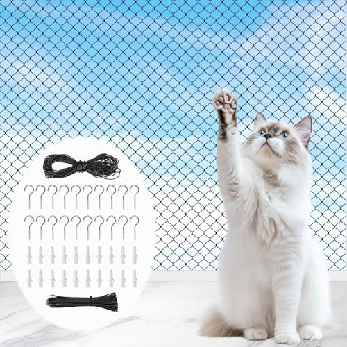 4 x 3m Rete Gatti Balcone con Corda Fissaggio e Accessori, Protezione Filo Rinforzata Balconi per Gatti, Retes Gatto Senza Foratura per Finestre, Terrazze, Esterno, Lucernari, Finestra (Nero)