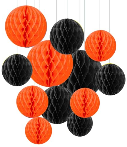 ZYOOO 12pcs Seidenpapier Wabenkugeln, 15/25cm Aufhängen Papier Wabenbälle für Party,Geburtstag,Abschlussfeier,Herbst, Thanksgiving,Halloween Deko (Orange,Schwarz)
