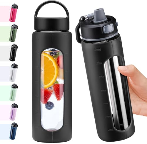 BLUEGO 700ml Glas Wasserflasche mit 2 Deckeln- One-Touch Verschlussdeckel und Griffdeckel Wiederverwendbare Trinkflasche mit Zeitskala für Reisen Zuhause Fitnessstudio Sport BPA-frei, Schwarz