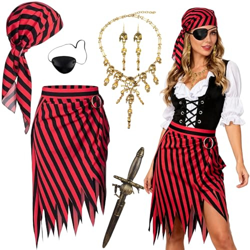 YAEGIMHT Piratenkostüm Damen Herren, Pirate Accessories mit Piraten Rock Kopftuch Schwert Augenklappe Pirat Skelett Halskette Ohrringe Gürtel Zubehör, Karneval Halloween Kostüm Pirat