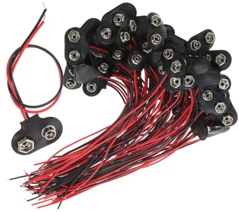 Genérico Conector de Batería 9v Tipo T Cable de 6 CM Carcasa de Cuero Sintético y Hierro Pack de 50 Unidades para Proyectos Electrónicos DIY y Alimentación de Dispositivos Eléctricos