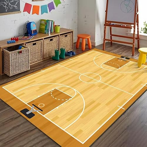 JGGXHM Kinder-Sportteppich Fußball Basketball Spielteppich rutschfest Pädagogisch wertvoll Kinderzimmer Heimdekoration Gelbe Bodenmatte (210x300cm)