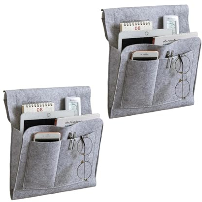 Mlysnd Porta Telecomando da Divano, Velcro Borsa Tasca Portaoggetti Letto, Borsa Portaoggetti da Letto in Feltro per Telefono Cellulare, iPad, Telecomando, Libri, Occhiali Riviste (grigio chiaro)