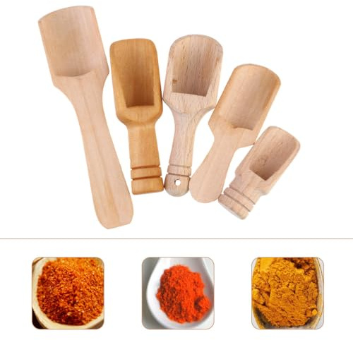 TOYZFRIENDY 5Pcs Wooden Shovels and Tea Scoops Set, Beech Lotus Wood Coffee Scoops Round and Flat Handles, Household Wooden Tea Accessories for Kitchen Use