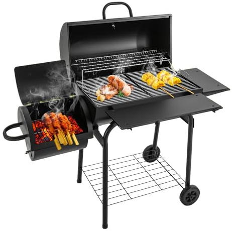 Holzkohlegrill, Grillwagen mit Deckel, Rädern, Edelstahl-Griff, 2 Grillrost und Thermometer, Grillfläche: 39 x 34 cm & 31 x 31cm, Standgrill, Kohlegrill für Garten, Terrasse, Camping