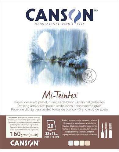 Canson Mi-Teintes farbiges Zeichenpapier, doppelseitig: Wabenstruktur und feine Körnung, 160 g/m², auf der kurzen Seite geleimt, 32 x 41 cm, 4 Weißtöne, 20 Blatt