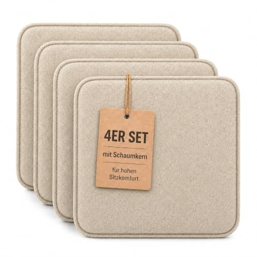 KAMACA Sitzkissen 4er Set 35x35 cm Eckig Sand/Naturton - Stuhlkissen aus Filz Gepolstert mit Schaumkern - Sitzpolster für Stuhl, Esszimmer, Küche, Balkon & Gartenstuhl