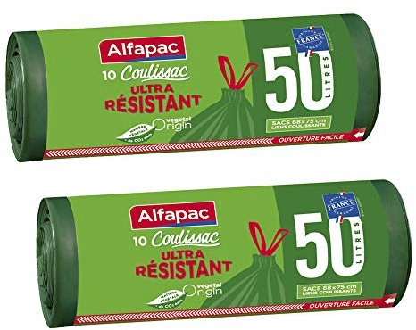 Alfapac - Bolsas de basura con asas de origen vegetal con asas correderas, 2 rollos (2 x 10 unidades x 50l)
