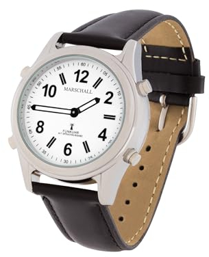 Marschall Deutsch sprechende Damen Armbanduhr I 1138L I Funkarmbanduhr I Für Blinde, Senioren und Sehbehinderte I Datum- und Zeitansage I Extra große Zeiger Graues Lederarmband