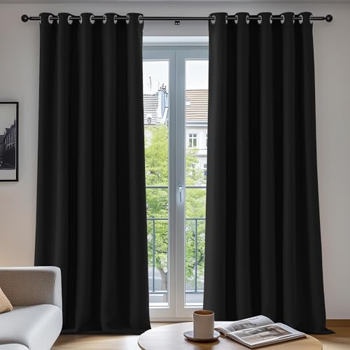 Deconovo Blackout Curtains Eyelet Super Soft Thermal Insulated Window Treatment Ring Top Blackout Curtains for Livingroom 66 x 90 Drop Inch Black 2 Panels