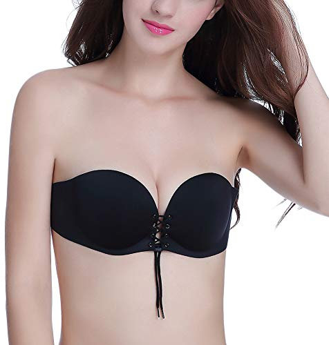 PengGengA Reggiseno Senza Bretelle da Donna,Reggiseno Invisibile in Push-Up Silicone Autoadesivo con Coulisse Nero C