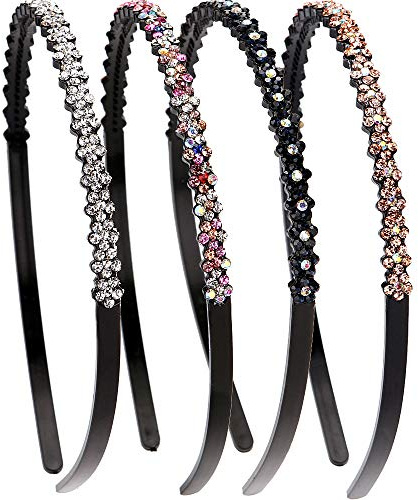 LONEEDY 4 Pack Fashion Rhinestone and Crystal Hard Headbands, Non-slip Teeth Hairband for Women