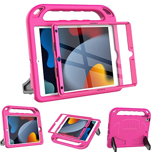 Surom Case for iPad 9th/8th/7th Gen 2021/2020/2019 10.2 Inch, Rose | Built-in Screen Protector, Shockproof Light Weight Handle Stand Case for Kids, Protable Handle, iPad Air 3 10.5 2019