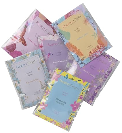 Hassett Green London Hand Made Scented Sachet Large - Six Pack Hearts & Roses, Lilac & Lavender, Natural Cotton, Sensual Sensuelle, Endless Ocean, Honeysuckle & Jasmine - For Wardrobes and Drawers
