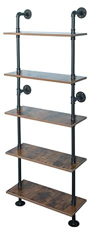 ZIOTHUM 5 Tier 67inch Industrial Pipe Shelving, Shelves Shelf Rustic Wood Metal Wrought Iron Ladder Bookcase Bookshelf Wall Mounted Mount DIY Loft Vintage Hanging Storage Display (23.6x9.8x66.9”)