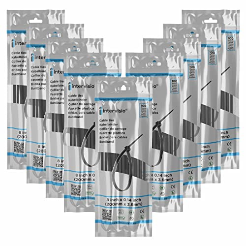 intervisio Kabelbinder 200mm x 3,6mm, Hochleistungs 200 mm Universalbinder, schwarz Nylon UV-Beständig, 900 Stück, Verwendung im Innen- und Außenbereich
