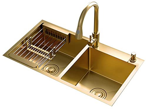 Kitchen Golden Stainless Steel Double Bowl Sink Vegetable Sink Kitchen Double Sink With Mixer Tap Large Domestic Sink Dishwasher Sink Sinks (Color : Gold, Size : 82 * 45 * 21cm)