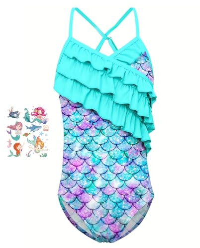 Einteiliger Badeanzug Mädchen, Meerjungfrau Badeanzug mit Meerjungfrau Tattoo Kinder, Schnell Trockener Strand Badeanzug, Rüschen Bikini Badeanzug, Schwimmanzug mit Verstellbaren Schultergurten