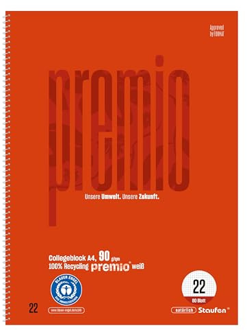 Staufen Premio Collegeblock - 2 Blöcke à 80 Blatt, DIN A4, kariert 5 mm | Lineatur 22, 100% Recyclingpapier, zertifiziert mit dem Blauen Engel, abgerundete Ecken, 90 g/m² Papier