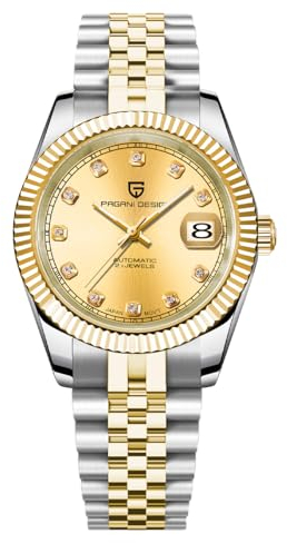 PAGRNE DESIGN Orologio automatico da uomo Movimento giapponese Cassa in acciaio inossidabile Quadrante in vetro zaffiro 21 pietre oro Orologio di lusso PD 1645 (Gold Diamond)
