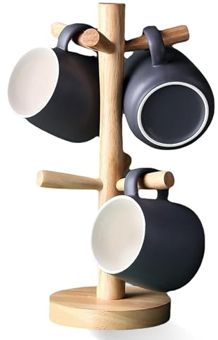 Nizirioo Tassenhalter Holz Baumbecherhalter, mit 6 Abnehmbarer Haken Tassenbaum, Küche Kaffeetassenhalter, Brezelständer, Kaffeetassenhalter, Becherhalter aus Holz für Küchentheke
