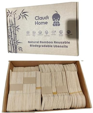 Senza sapore legnoso. 300 Posate XL in bambù ecologico. Coltello+Forchetta+Cucchiaio. Picnic, barbecue, festa, compleanno @Claudi Home