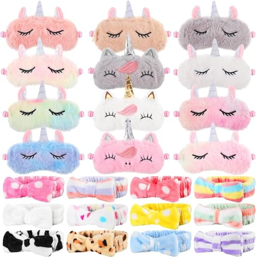 24 Stück Sleepover Stuff enthalten 12 Einhorn-Augenmasken und 12 Haar-Stirnbänder mit Fliege zum Waschen des Gesichts, Schlafmaske, elastische Hautpflege-Stirnbänder, Übernachtungs-Partygeschenke für