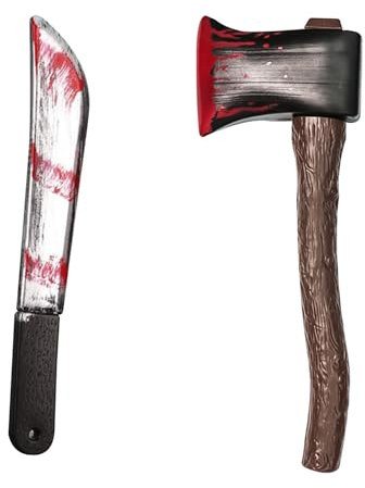 XNHIU 2 Pieces Halloween Machete Toy Plastic Axe Bloody Butcher Props Realistic Looking Prank Toy for Halloween Party Costume Accessory
