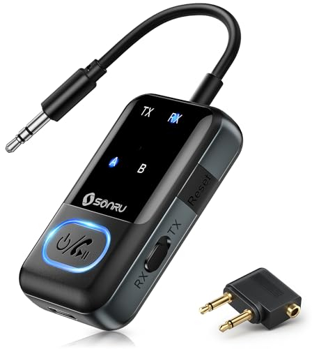 Bluetooth 5.3 Adapter Transmitter Flugzeug, SONRU 2 in 1 Bluetooth Sender Empfänger Sender Klinke AUX 3,5mm Transmitter Receiver Splitter für 2 Kopfhörer, Stereoanlage, Autoradio, TV