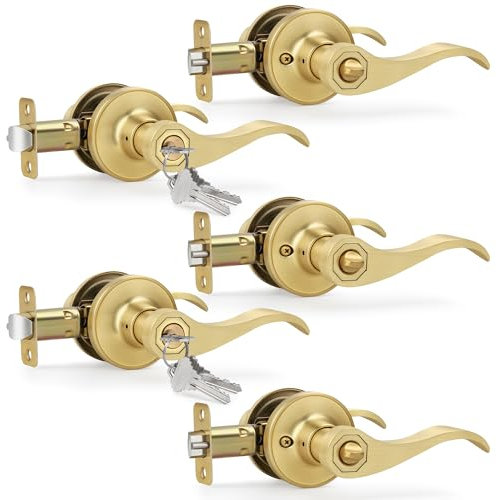 Moquin Brushed Gold 5 Pack Wholesale Wave Design Keyed Entry Door Lever with Lock(Keyed-Not-Alike), Reversible Door Handle for Right/Left Side Front/Entrance Door Lock, Satin Brass Finish