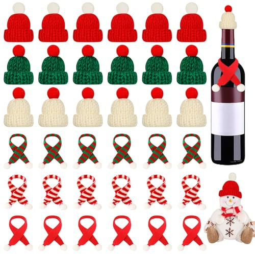 JUNEBRUSHS Mini Weihnachtsmütze und Schal Set, 36 Stücke Klein Nikolausmütze mit Schal Mini Weihnachtsdeko für Flaschendeko Tischdeko Puppenzubehör