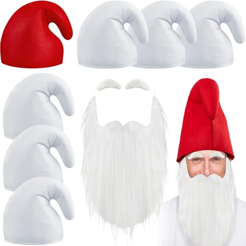 Jadive Zwergenmützen mit Bart und Augenbrauen Elfenhut Zwergen Zipfelmützen Gnome Mütze Wichtelmütze Lustiges Gruppen Kostüm für Karneval Halloween Weihnachten