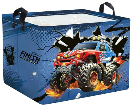 HUUMONSS 3D Monster Truck Baby Laundry Hamper Collapsible Clothes Storage Basket Large Yellow Car Boys Gift Toy Box Bin for Nursery Room, Blue, 36L