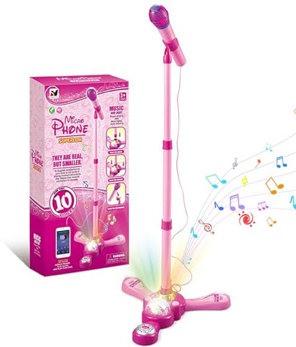 Kinder-Mikrofon und Ständer, Kinder-Karaoke-Maschine, Kinder-Mikrofon-Set, verstellbarer Ständer mit drehbarer Bühnenbeleuchtung, Geschenk für Mädchen, Geburtstagsparty, Zeitvertreib